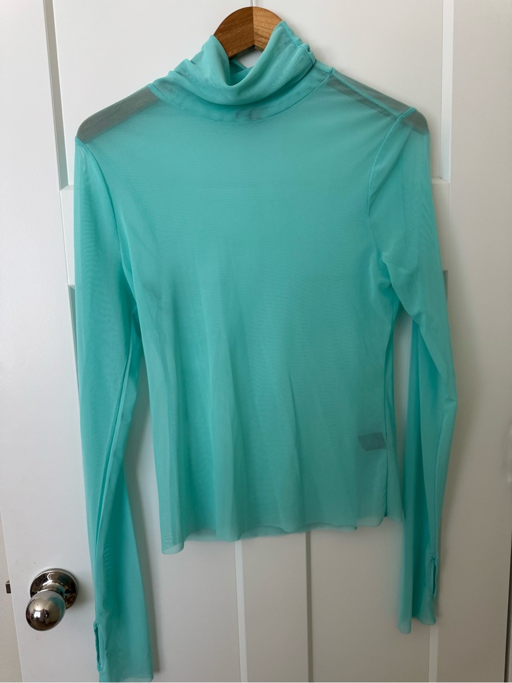AFRM Sheer Long Sleeve Mock Neck Top in Aqua Teal